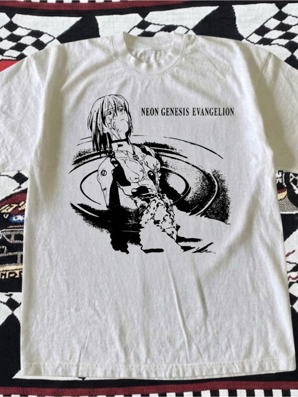 Gildan White Neon Genesis Evangelion Black Graphic Tee